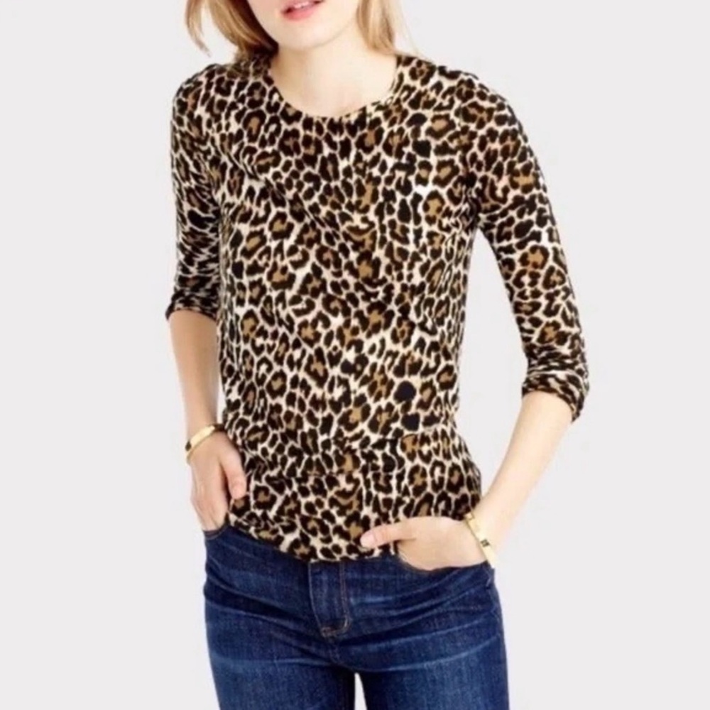 J. CREW Tippi Sweater Leopard Print Merino Wool Brown Black Small